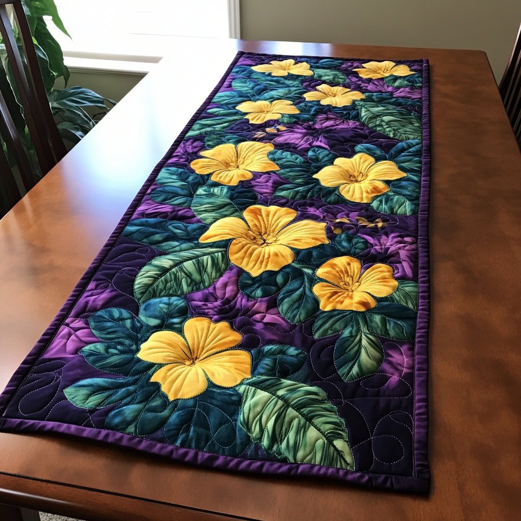 Yellow Hibiscus on Purple Ground Table Runner