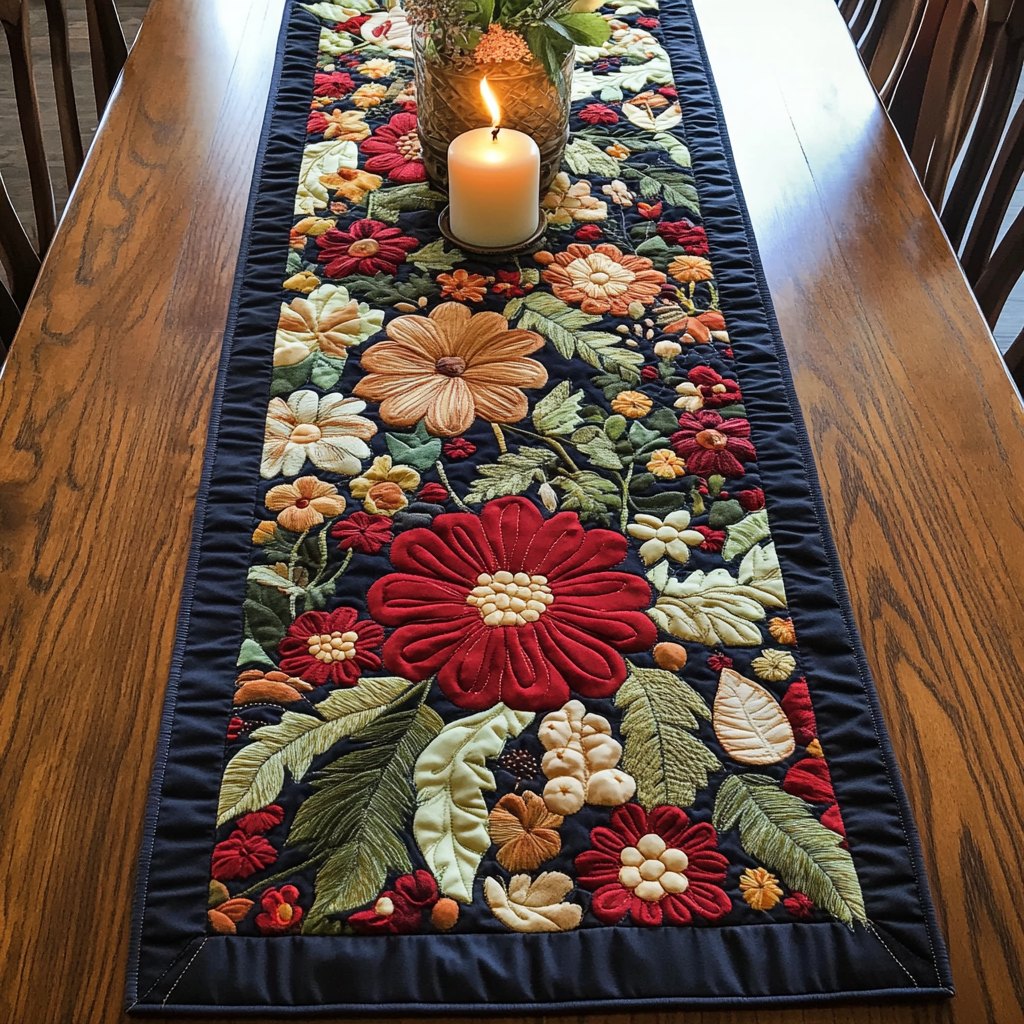 Red and Orange Blooms on Black Table Runner
