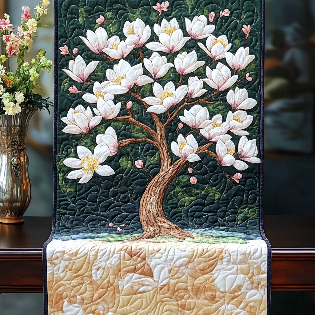 White Blossom Tree on Green Table Runner