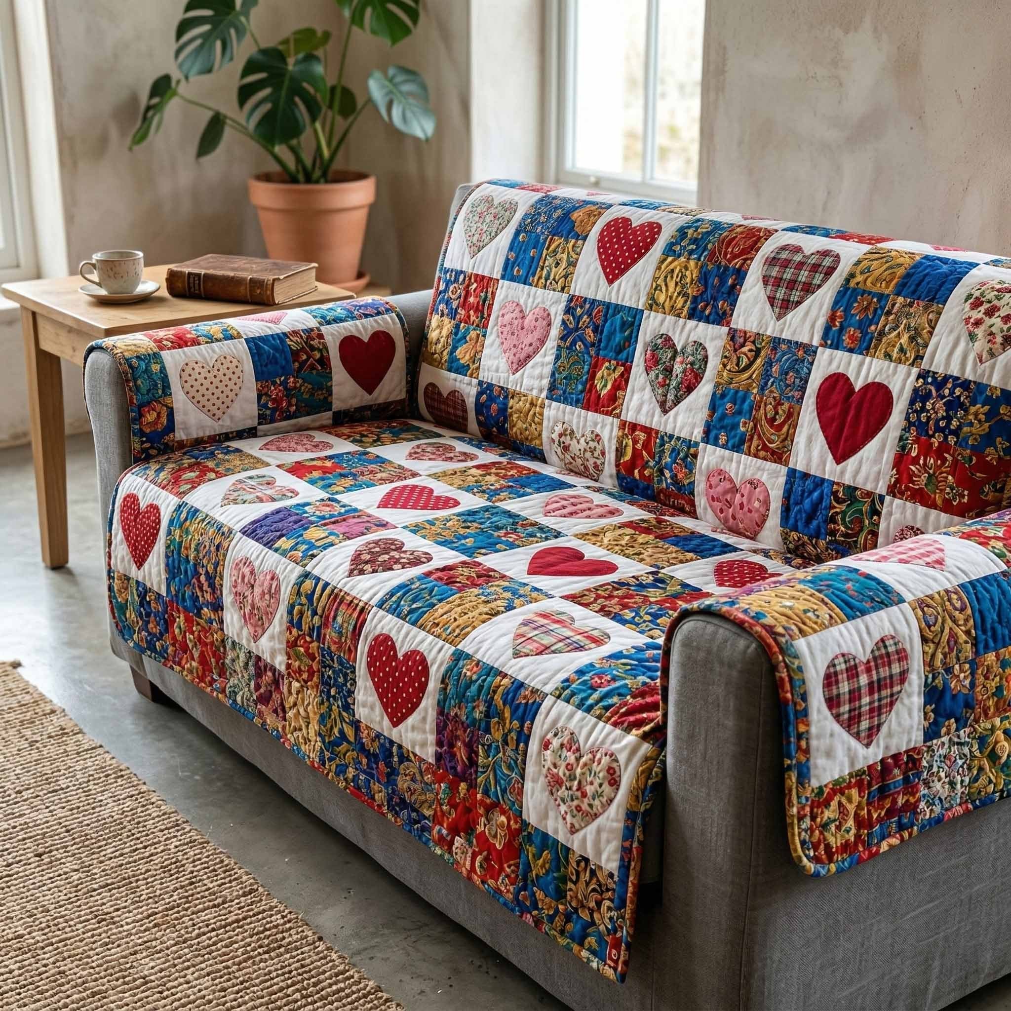 Hearts in Red White and Blue Squares Sofa Cover