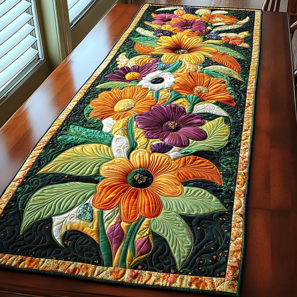 Orange and Purple Flowers on Black Table Runner