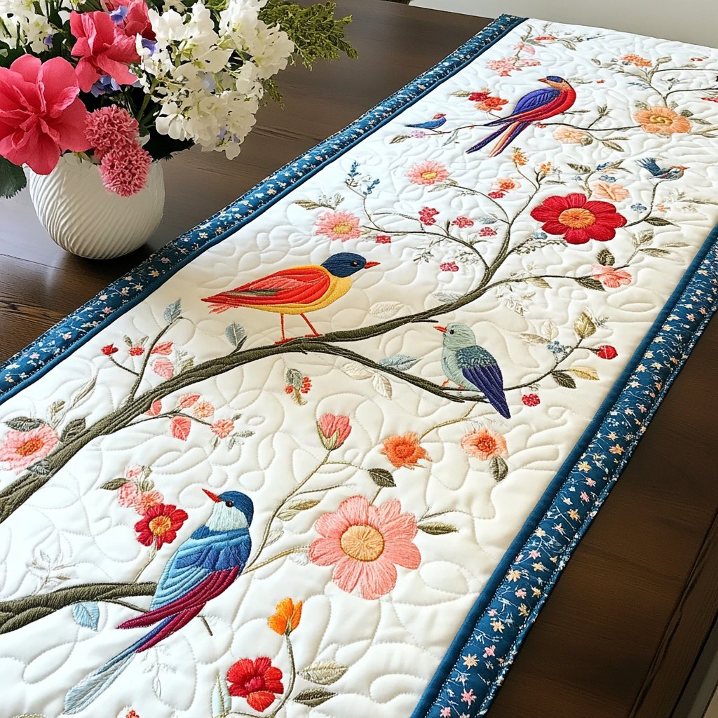 Birds on Blossom Branch with Navy Table Runner