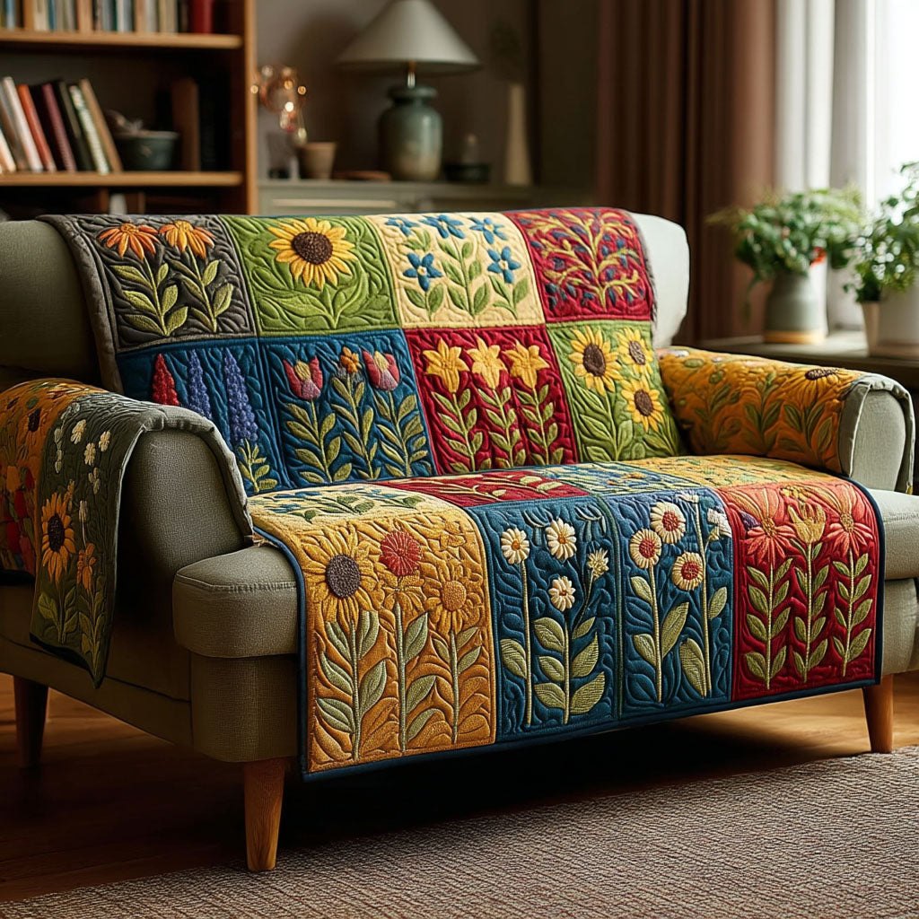 Sunflowers and Tulips on Patchwork Sofa Cover