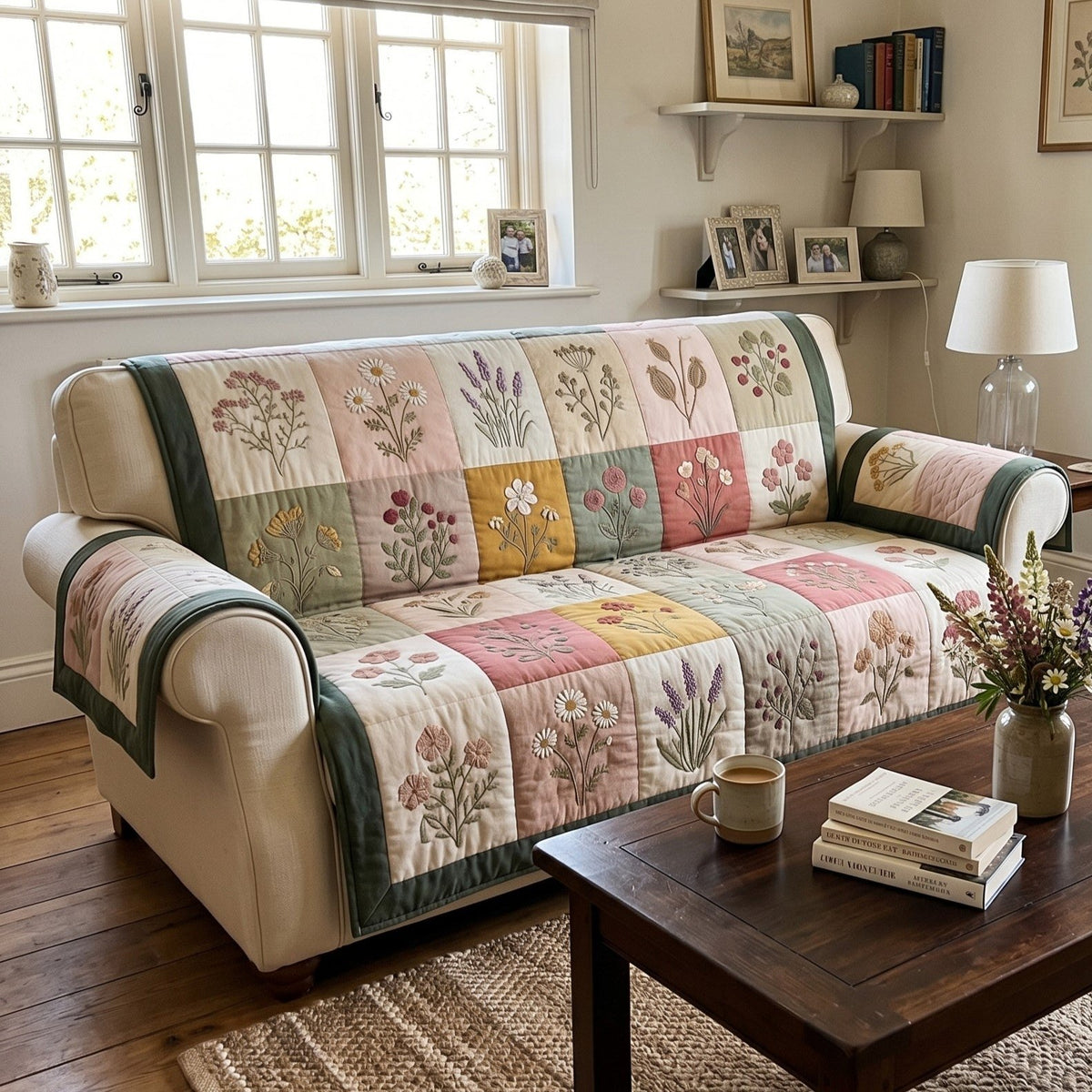 Pressed Flowers on Pale Quilt Blocks Sofa Cover