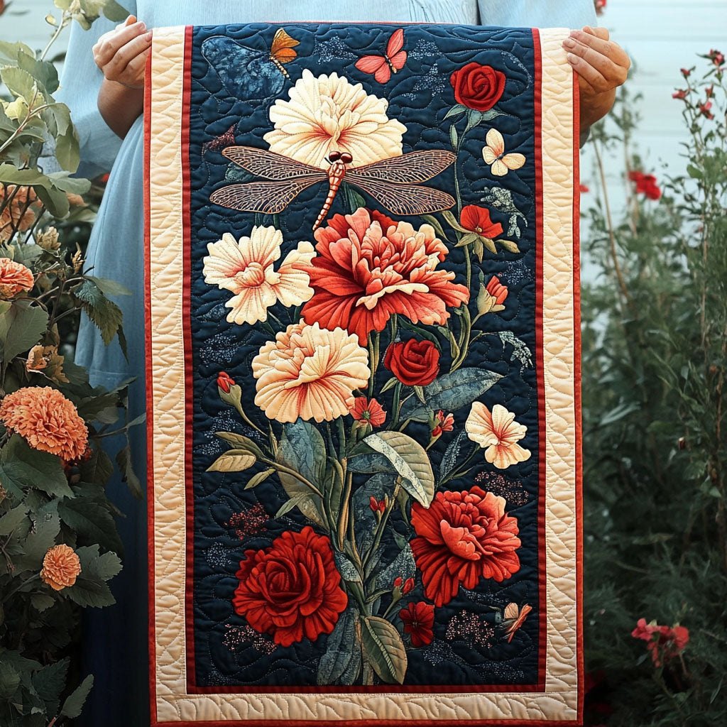 Red Flowers with Dragonfly Table Runner