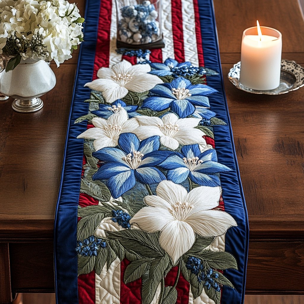 Blue and White Blooms on Navy Table Runner