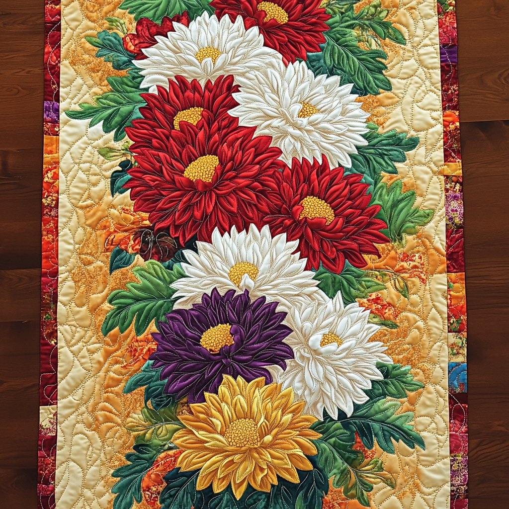 Chrysanthemums in Red White and Purple Table Runner