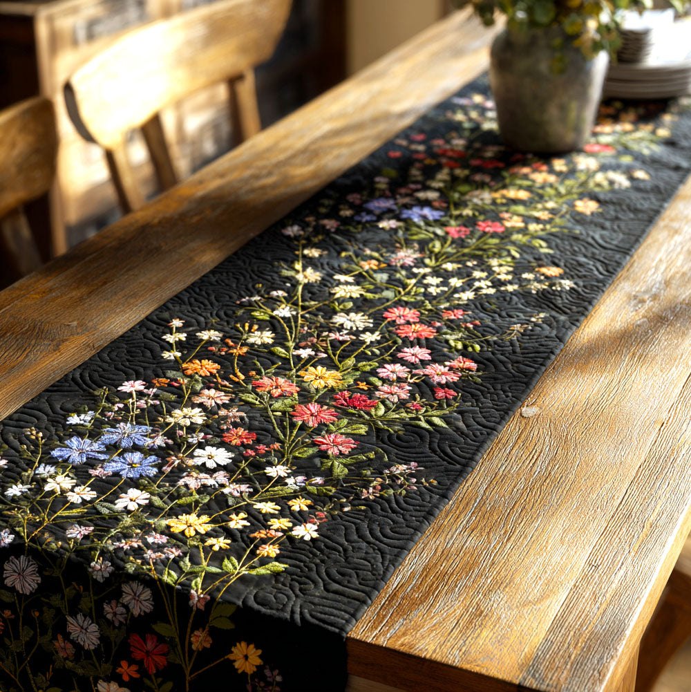 Wildflower Sprigs on Black Table Runner