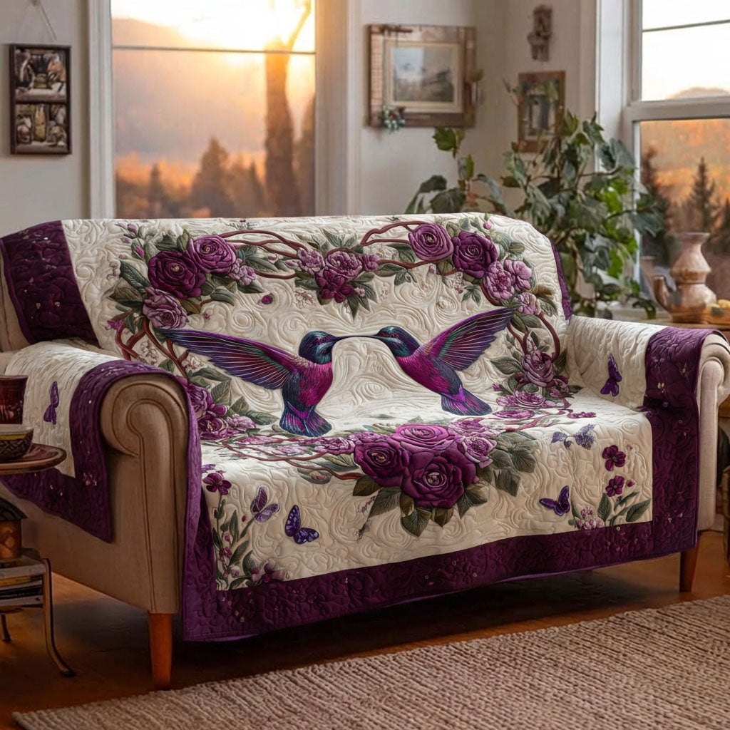 Hummingbirds with Purple Roses Sofa Cover