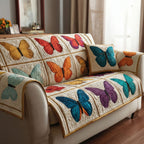 Butterflies on Cream and Teal Squares Sofa Cover