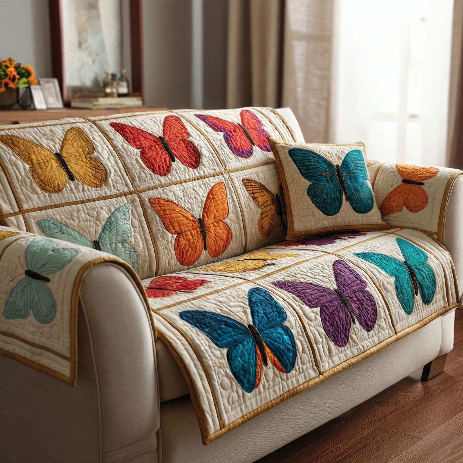 Butterflies on Cream and Teal Squares Sofa Cover
