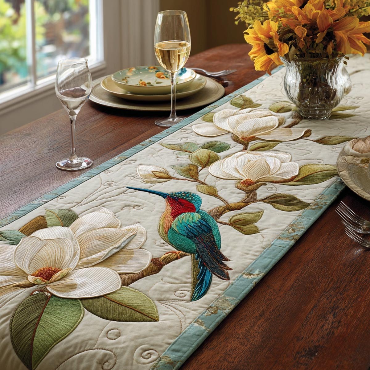 Hummingbird with White Magnolia Table Runner