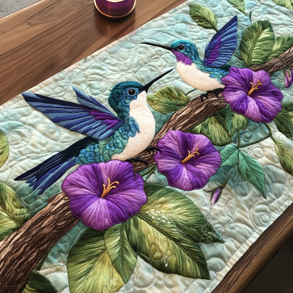 Hummingbirds and Purple Morning Glories Table Runner