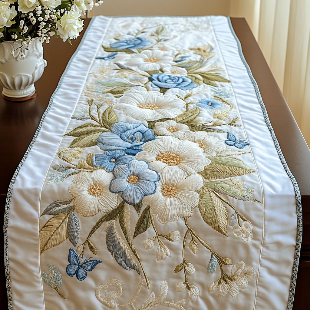 Pale Blue Flowers with Butterflies Table Runner