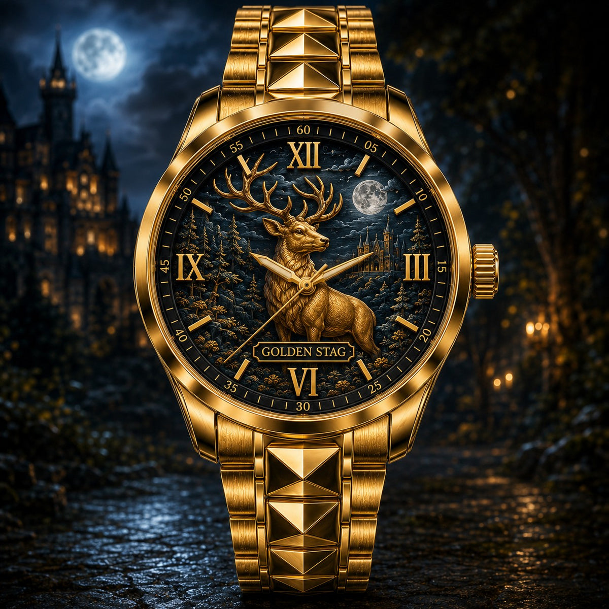Personalized Golden Stag Watch with a custom name set into the design
