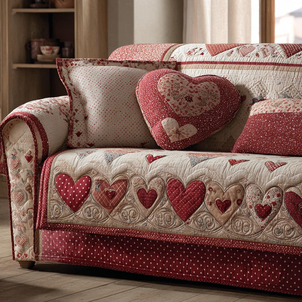 Red Hearts on Cream and Red Quilt Sofa Cover