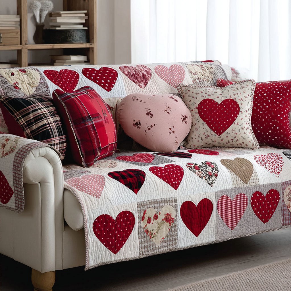 Red Hearts on White Patchwork Sofa Cover