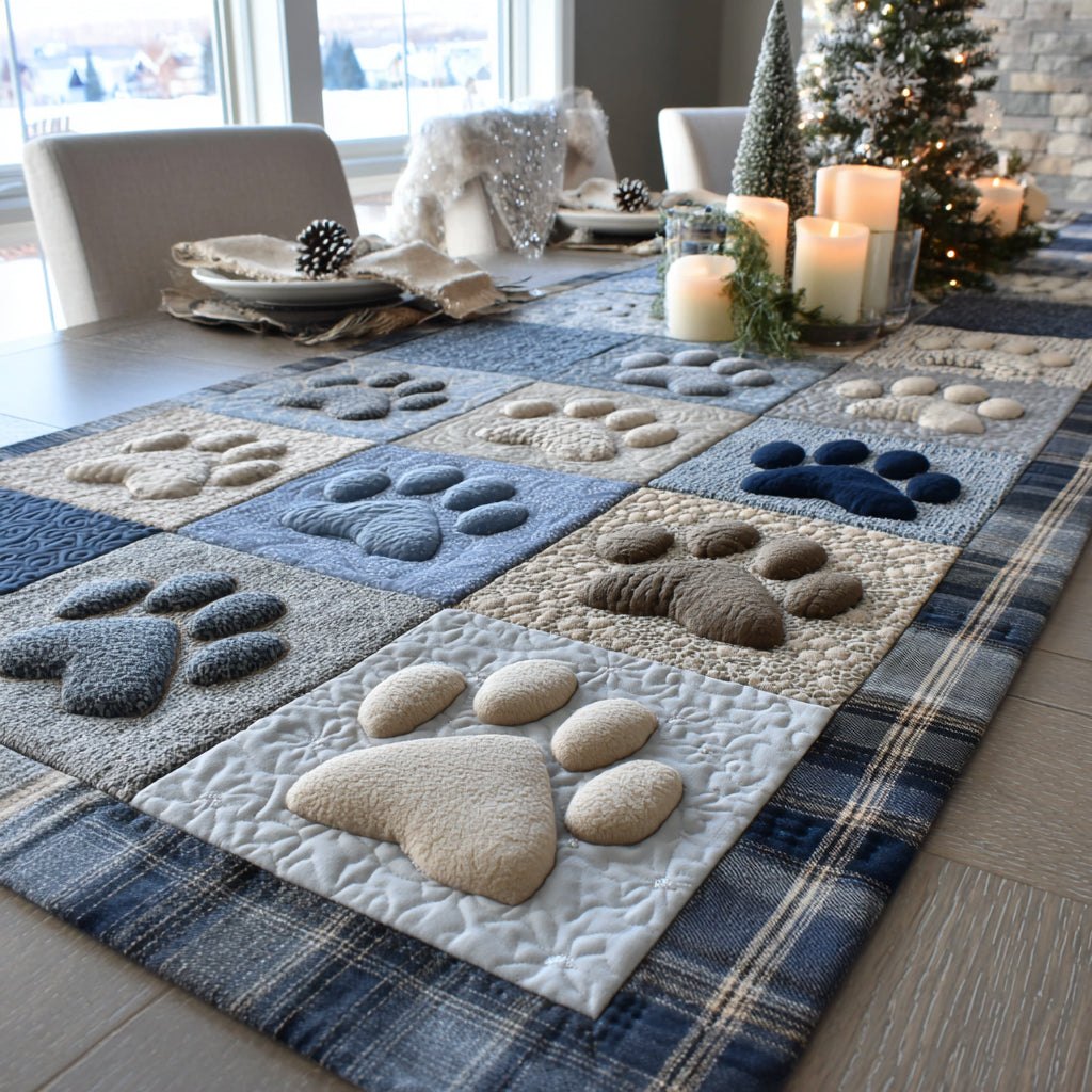 Cream Paw Prints on Blue Squares Table Runner