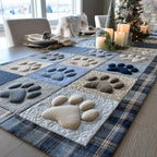 Cream Paw Prints on Blue Squares Table Runner