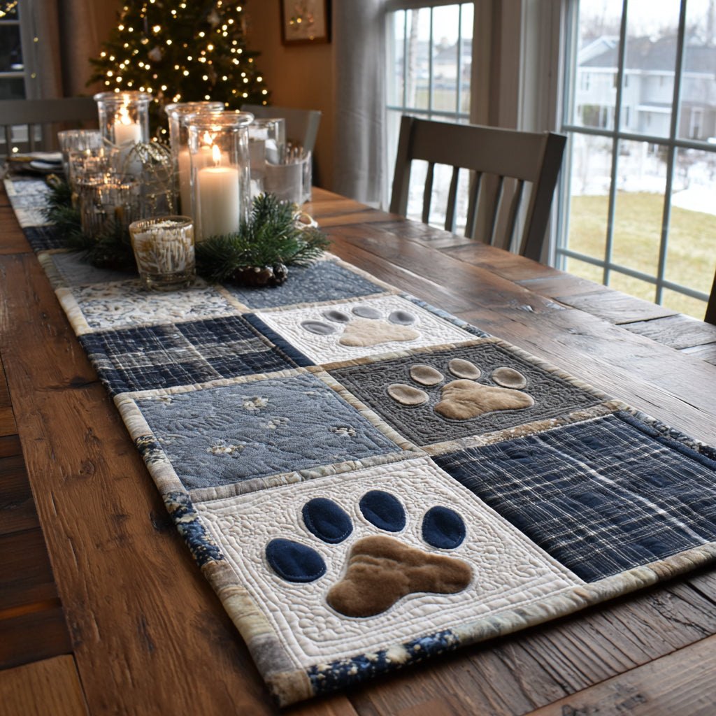 Paw Prints on Denim Patchwork Table Runner