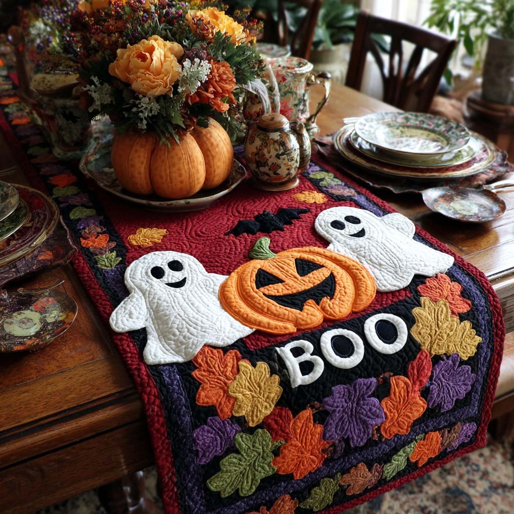 Boo Ghosts with Smiling Pumpkin Table Runner