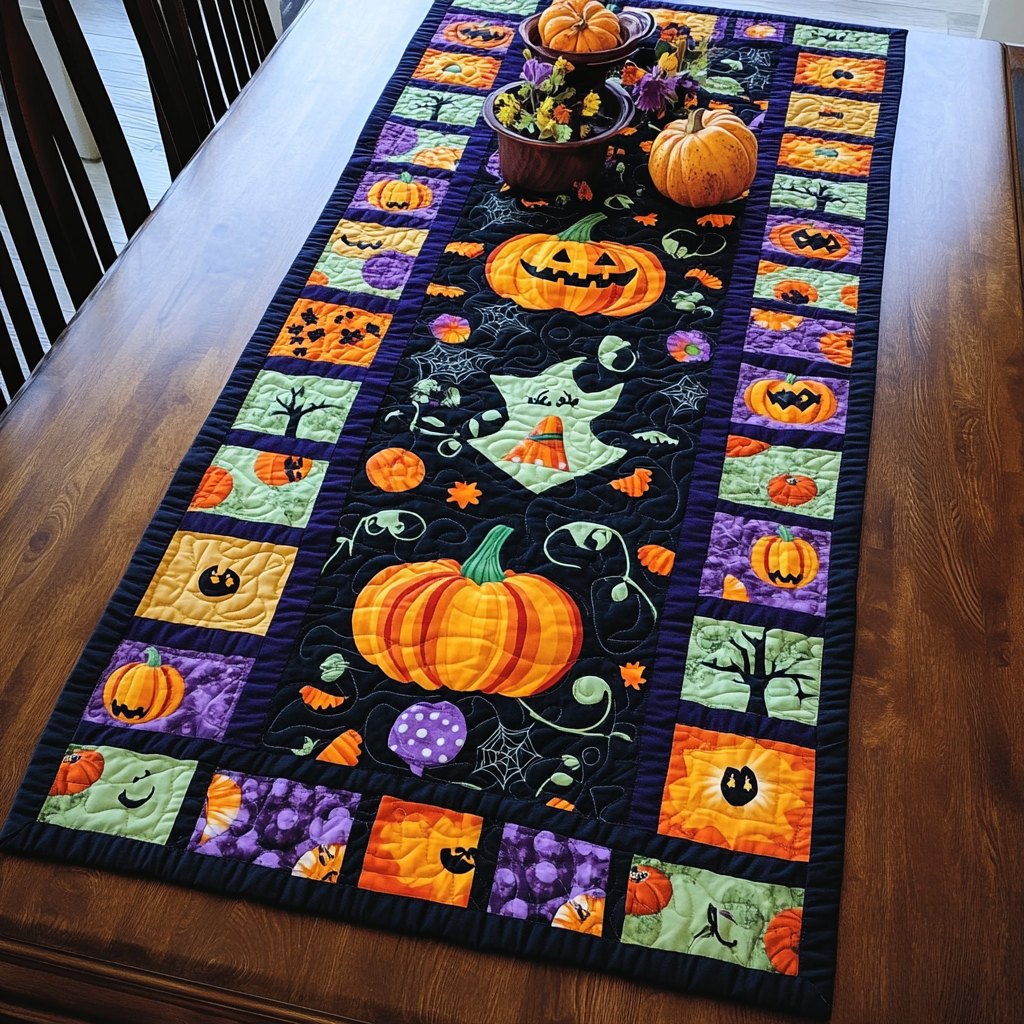 Ghostly Halloween Pumpkin Table Runner
