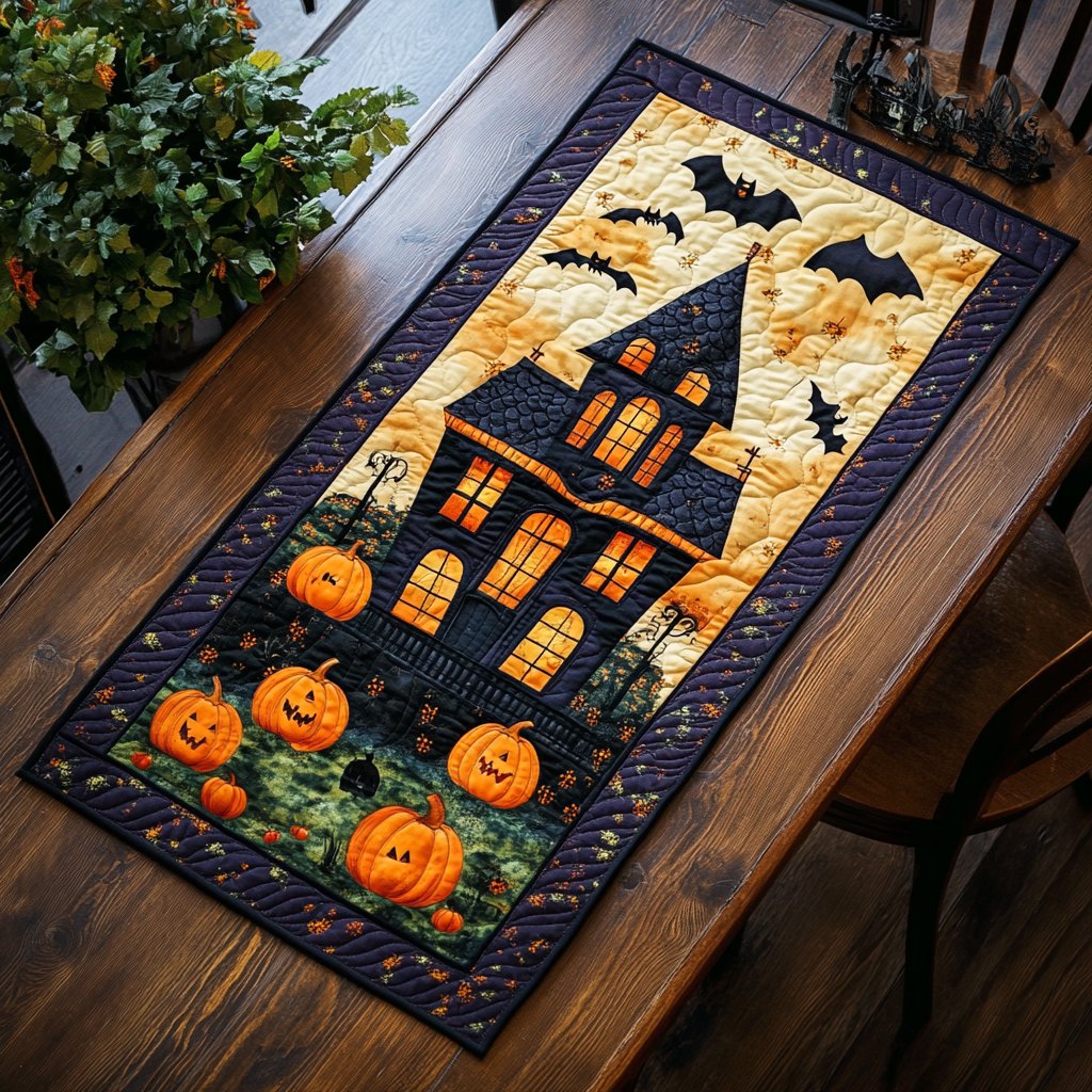 Ghostly House Halloween Table Runner