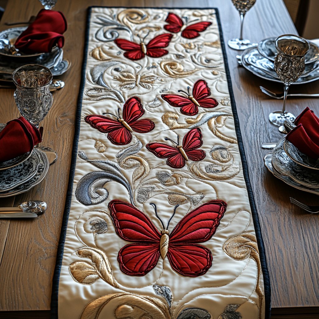 Red Butterflies on Cream Swirls Table Runner
