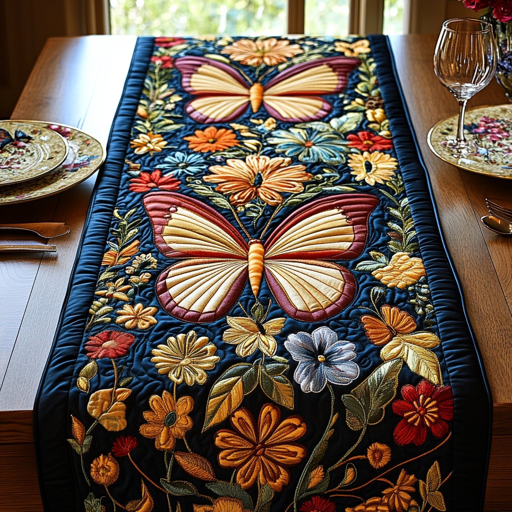 Yellow Butterfly with Navy Flowers Table Runner