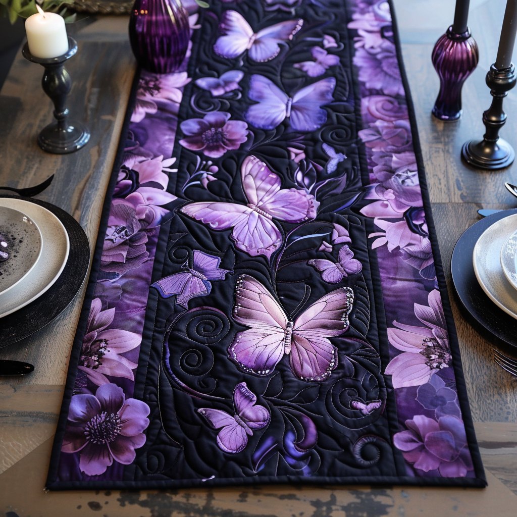 Purple Butterflies on Deep Violet Table Runner