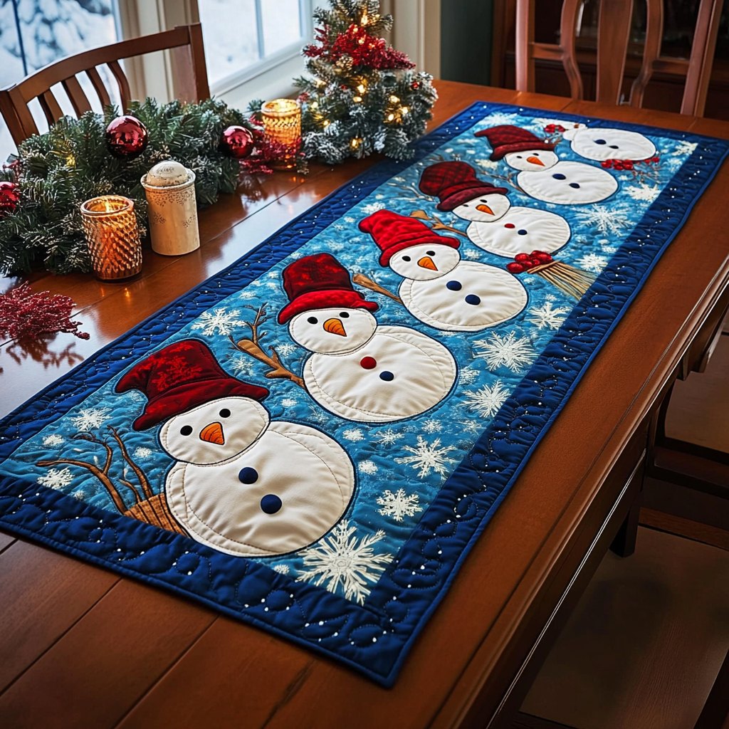 Gingerbread Dreams Snowmen in Red Hats on Blue Table Runner