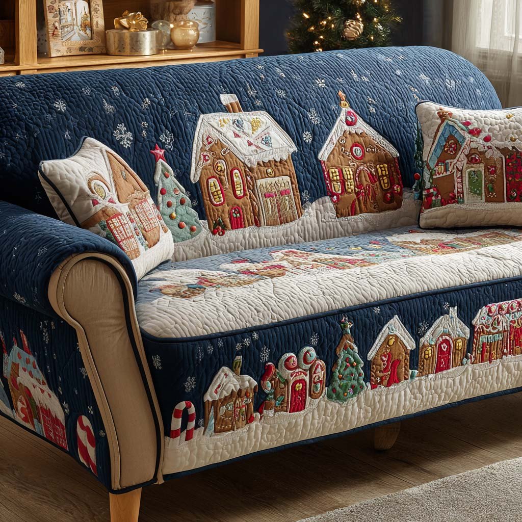 Navy Gingerbread Street with Candy Canes Sofa Cover