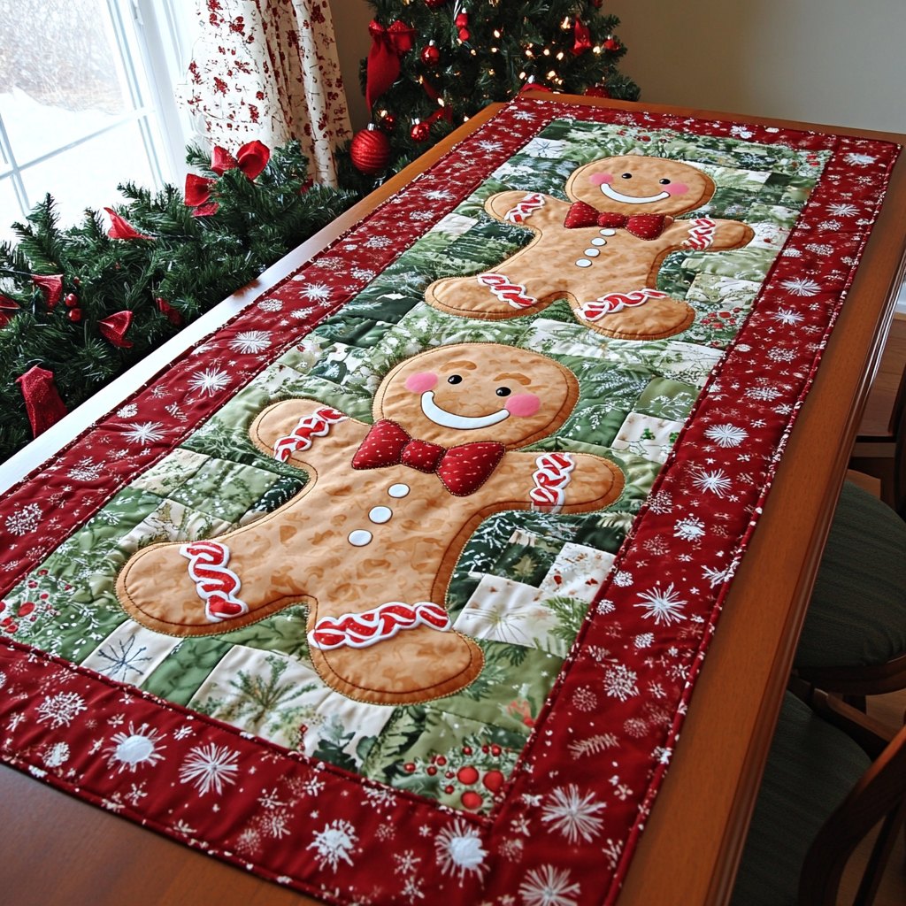 Gingerbread Man on Red Snowflakes Table Runner