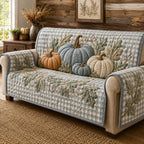 White and Blue Pumpkins on Plaid Sofa Cover