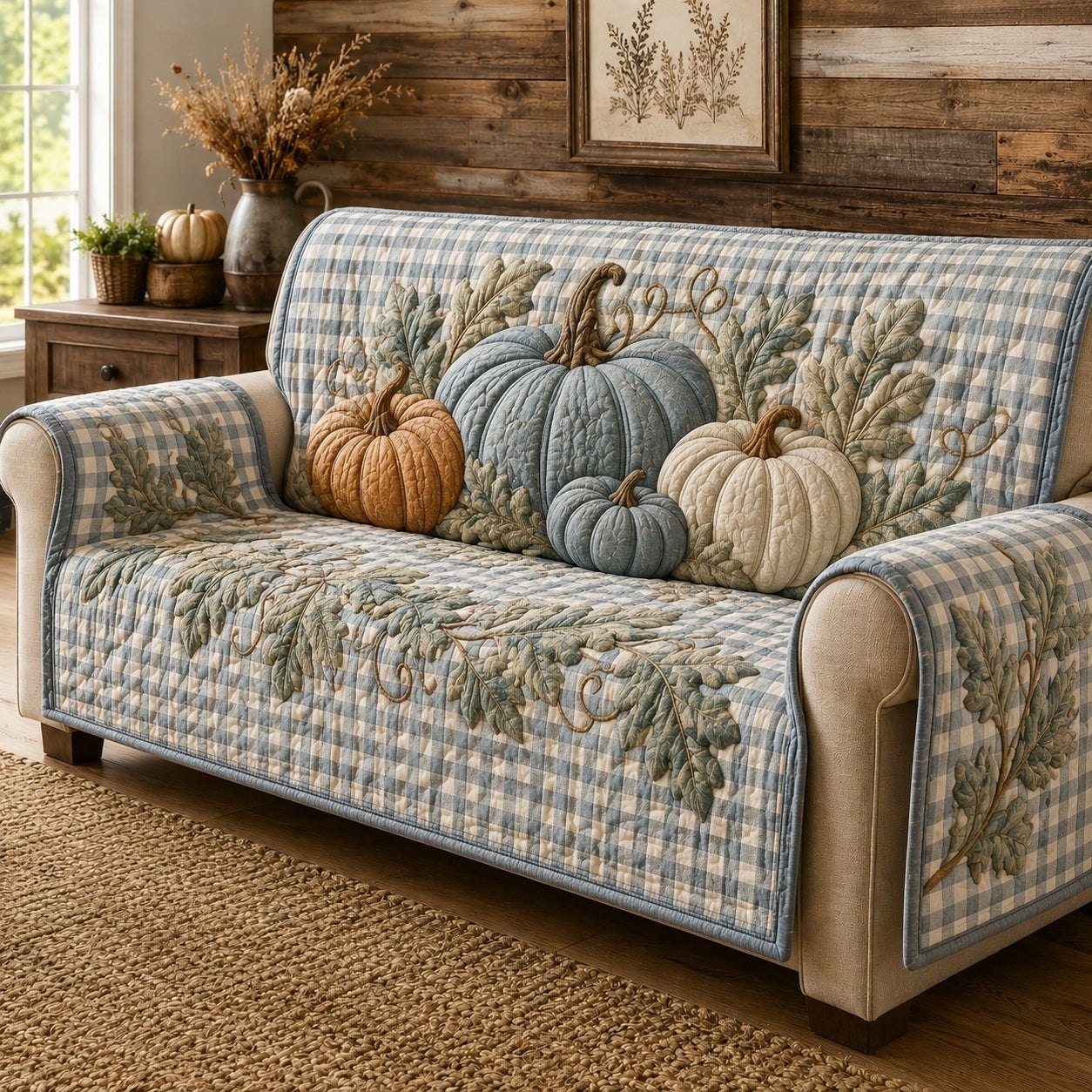 White and Blue Pumpkins on Plaid Sofa Cover