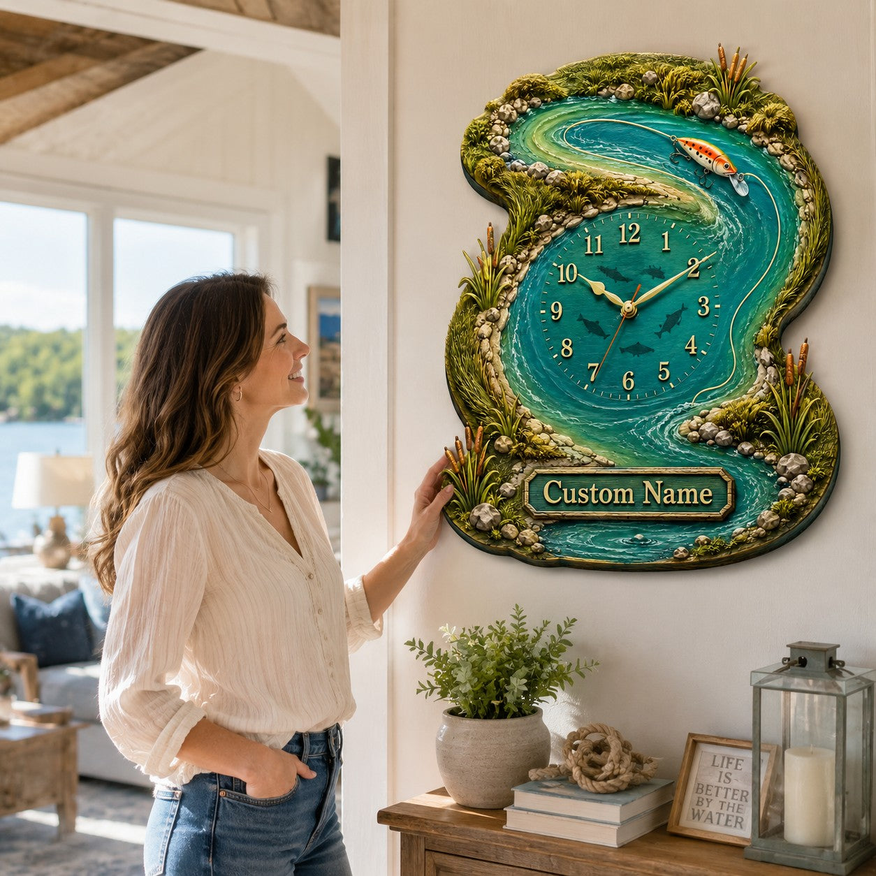 Personalized river fishing wall clock — personalized with a custom name