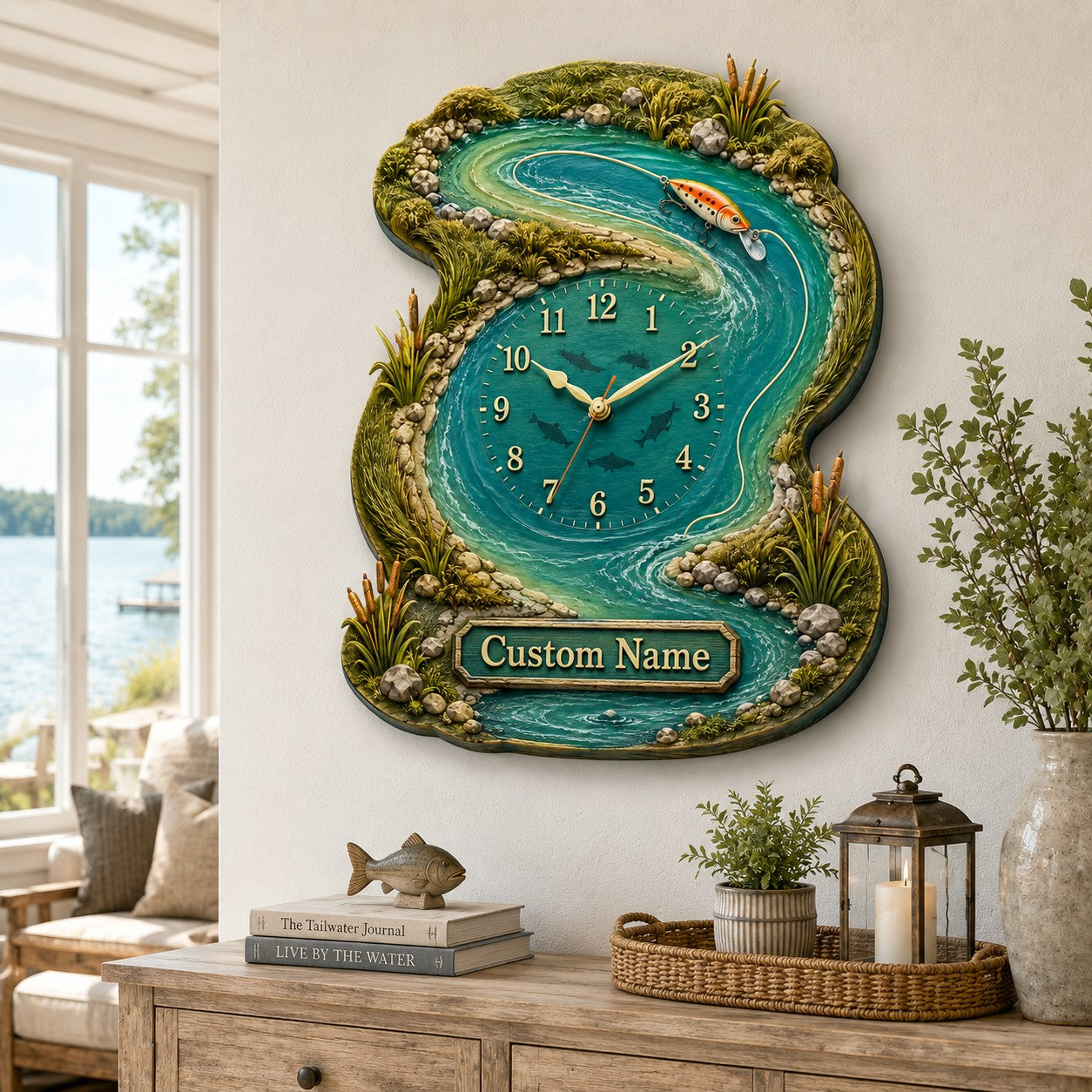 Personalized river fishing wall clock — personalized with a custom name