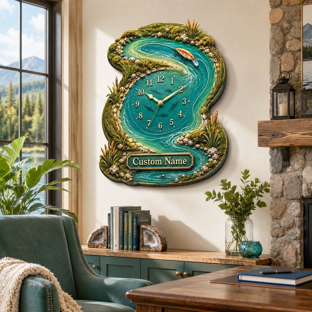 Personalized river fishing wall clock — personalized with a custom name