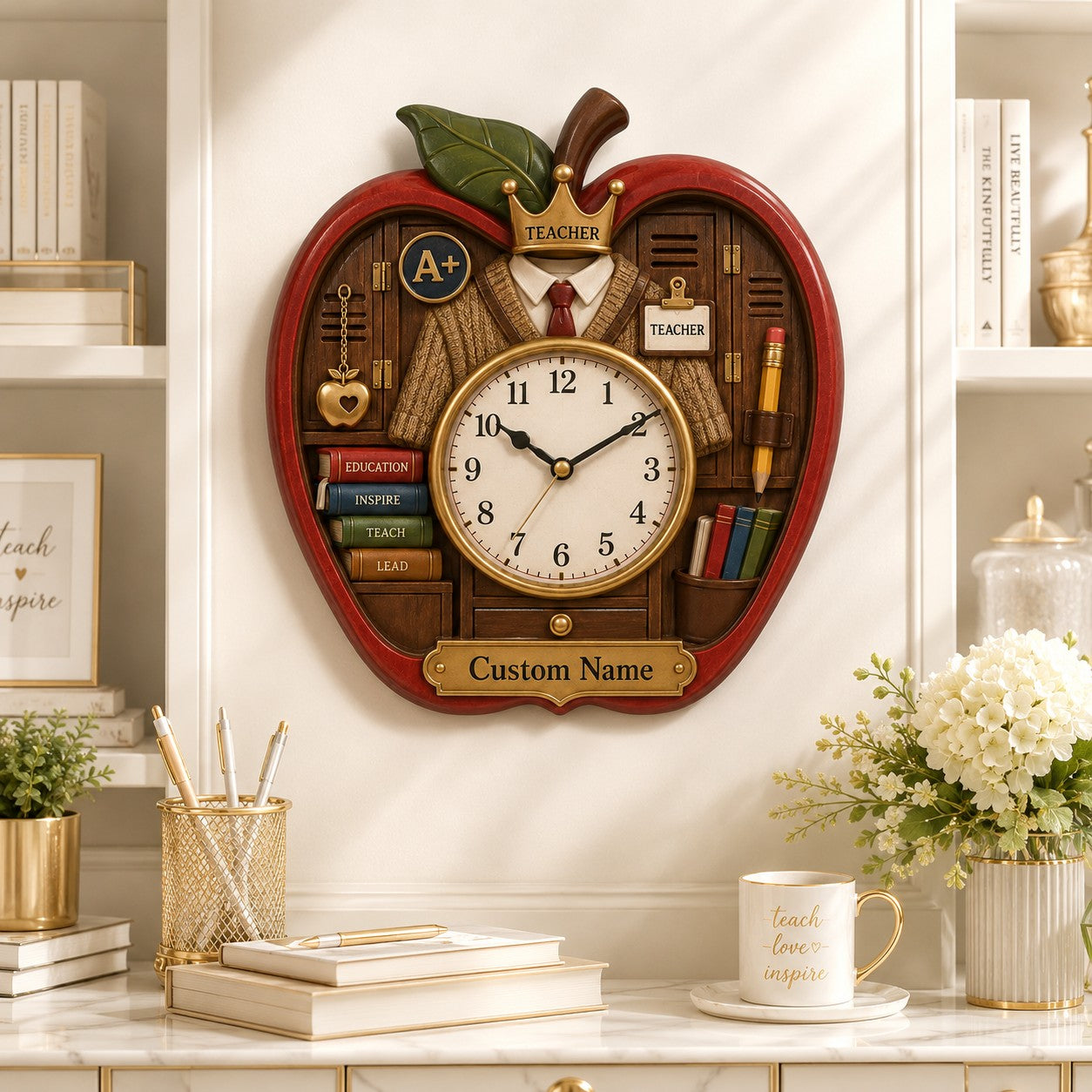Personalized Apple Teacher Wall Clock — personalized with a custom name