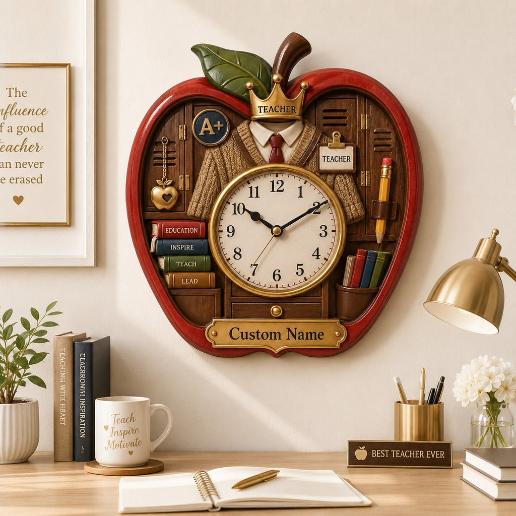 Personalized Apple Teacher Wall Clock — personalized with a custom name