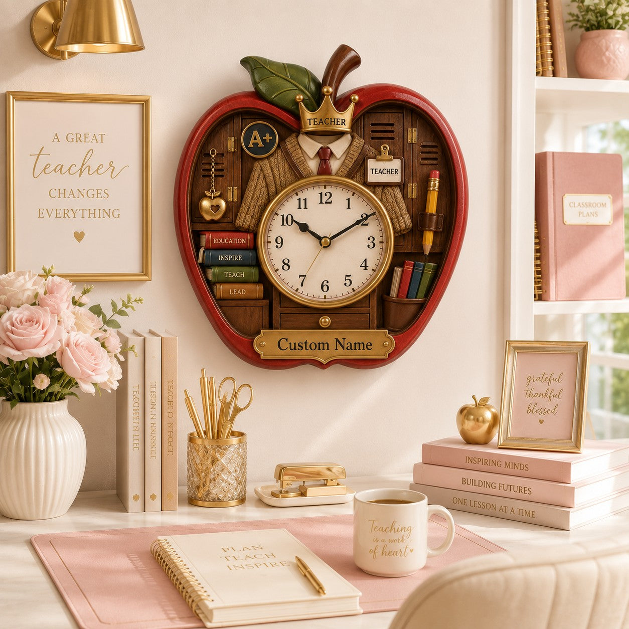 Personalized Apple Teacher Wall Clock — personalized with a custom name