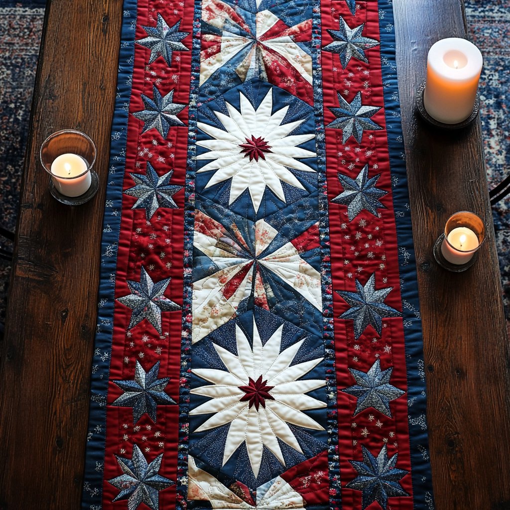White Stars on Red Blue Stripes Table Runner