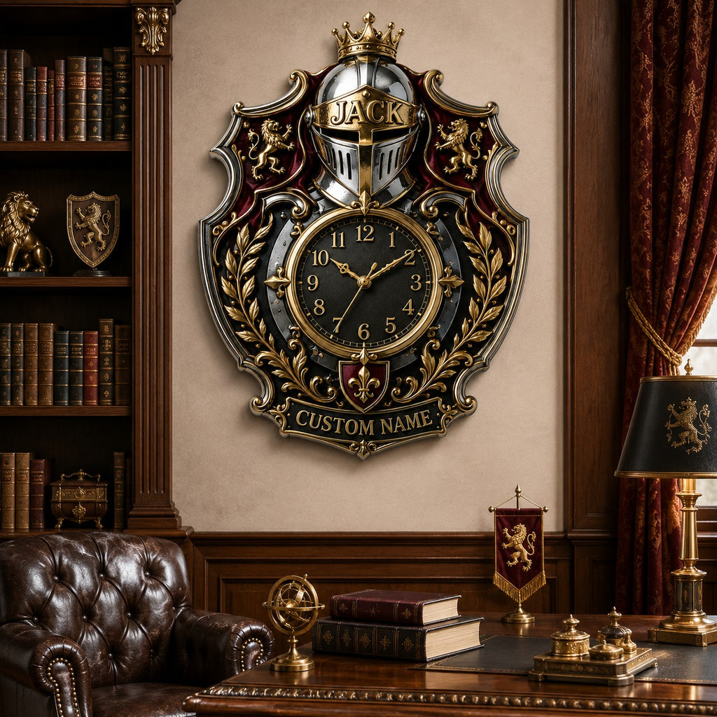 Royal Heraldry Custom Name Wall Clock — personalized with a custom name