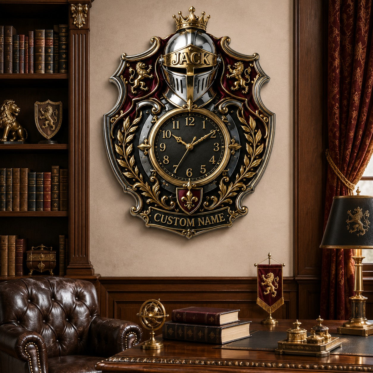 Royal Heraldry Custom Name Wall Clock — personalized with a custom name