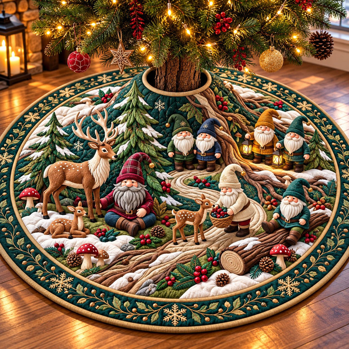 Gnome and Reindeer Forest Christmas Tree Skirt