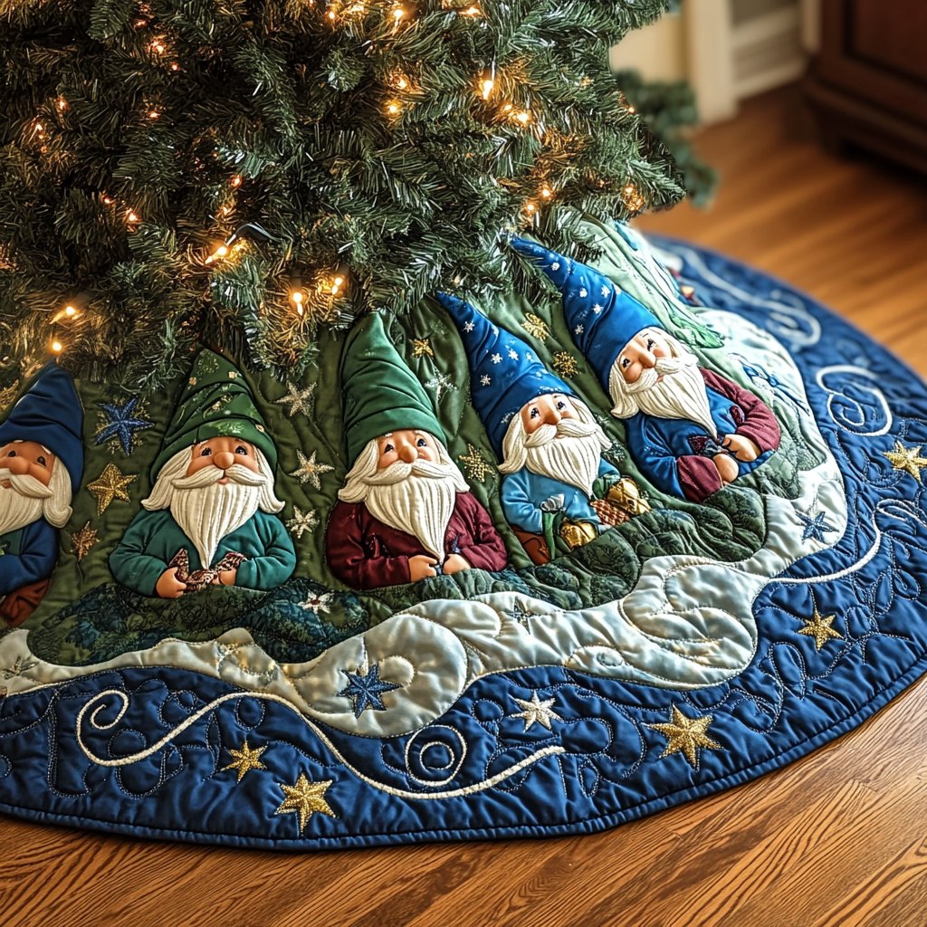 Gnomes on the Starry Blue Fan Christmas Tree Skirt
