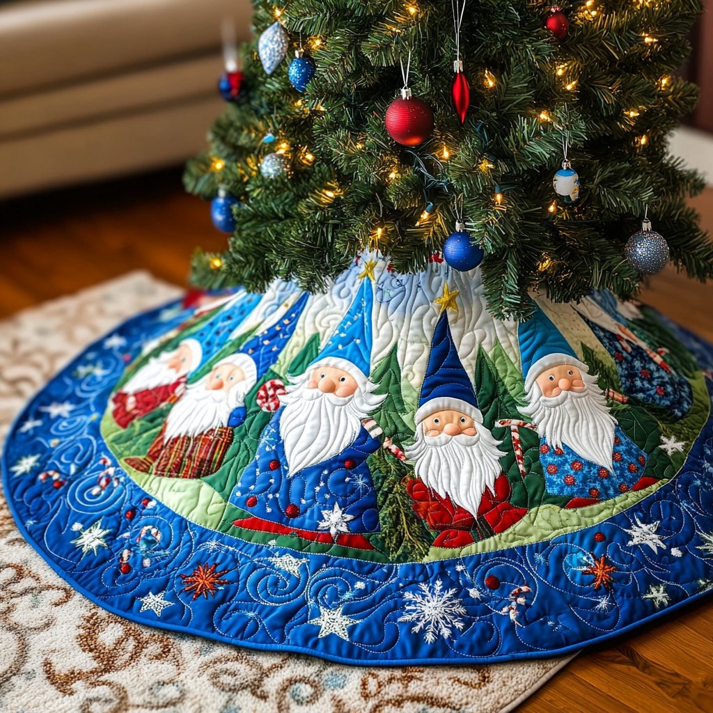 Blue Gnomes in the Snow Pines Christmas Tree Skirt