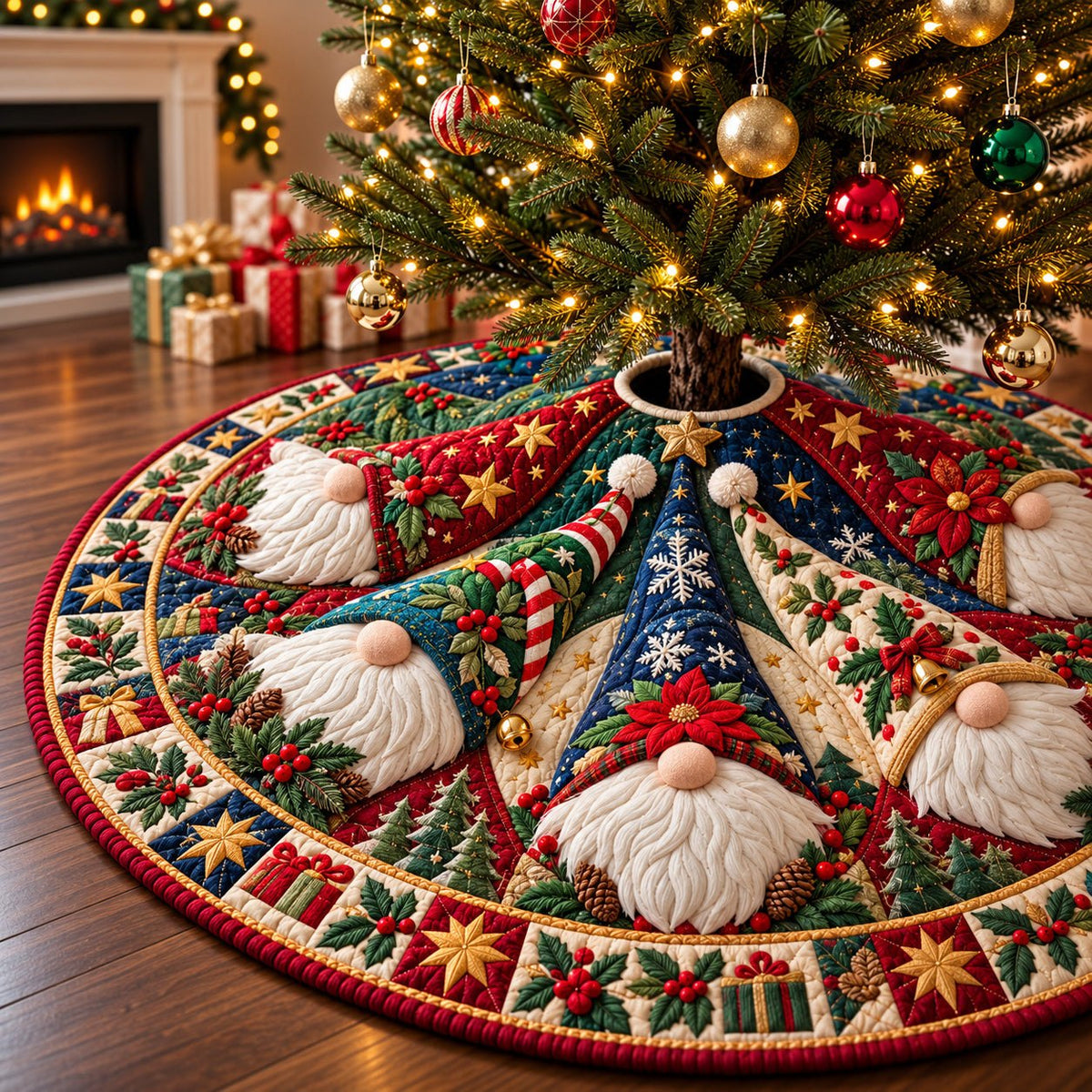 Gnomes Cozy Cottage Christmas Tree Skirt