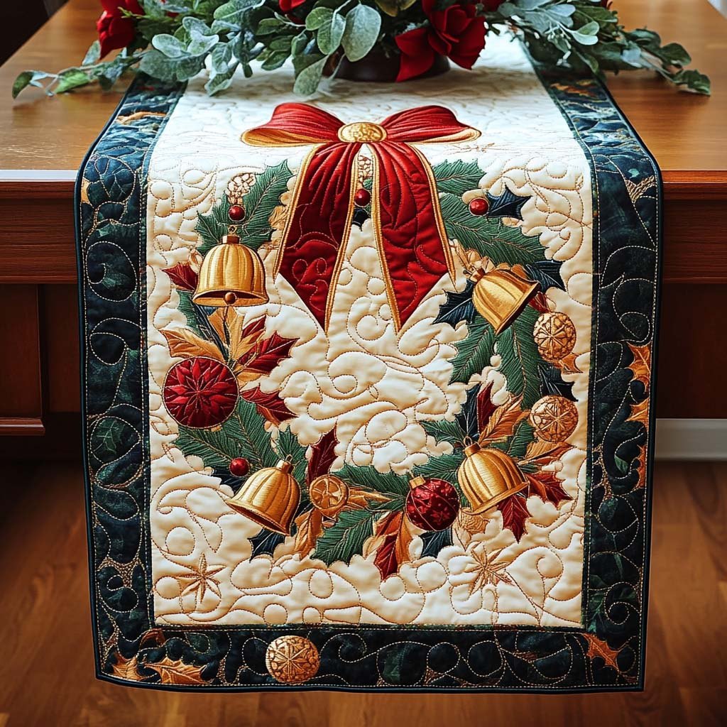 Autumn Wreath with Bells and Ribbon Table Runner
