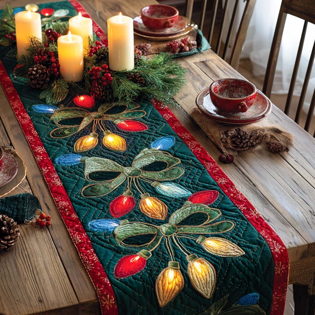 Christmas Ornaments on Green Boughs Table Runner